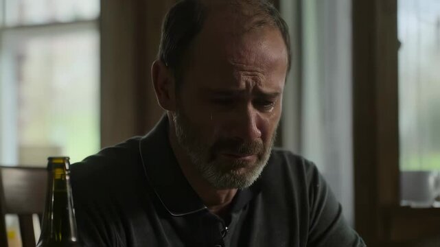 Older man sits with beer bottle, bottle sorrow hangs in lowered gaze, bottle sorrow deepens creased face, bottle sorrow exposes midlife despair. Concept of drowning feelings.