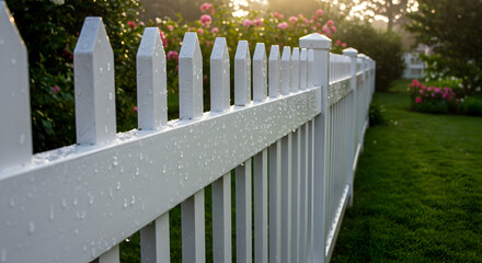 Fresh White Picket Fence After A Gentle Rain In Suburban Garden