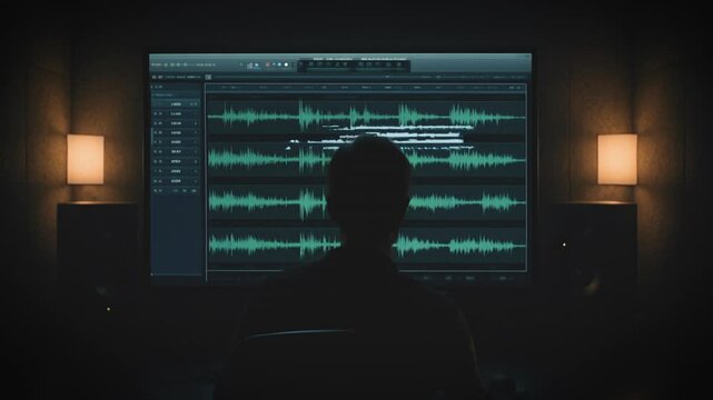 Silhouette of a sound engineer working in a dark studio, focused on a large screen showing audio editing software with multiple colorful waveforms.