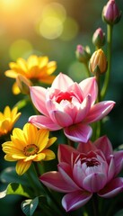 Fototapeta premium Sun-drenched floral arrangement, close-up view, purple, peony, beauty