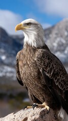 Obraz premium Majestic bald eagle perched atop a rocky outcrop, overlooking a mountainous landscape