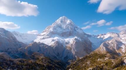 Fototapeta premium Snowy Mountain Peak Under Bright Blue Sky Aerial View