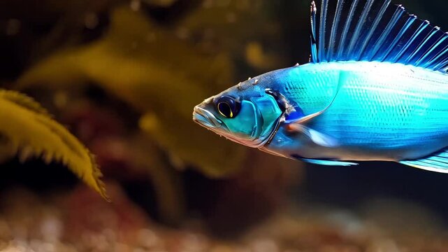 A fish is flying in the air. The fish is white and blue. The water is splashing