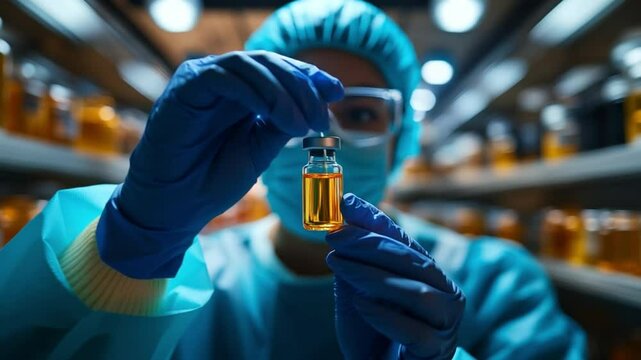 A dedicated scientist, clad in protective gear, meticulously inspects a vial of a new solution, poised to unlock groundbreaking innovations