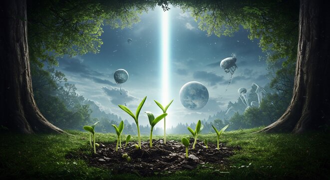 Ethereal light illuminates sprouting seedlings in a surreal forest scene. AI Generated