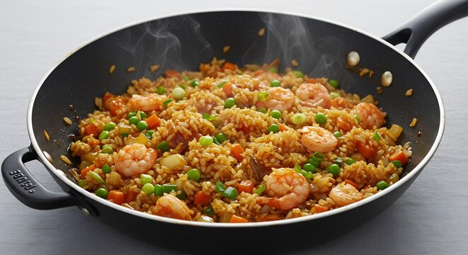 Riz frit crevettes chaud vapeur ambiance chaleureuse