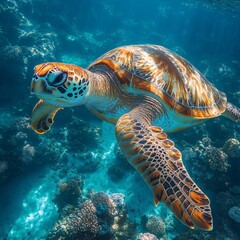 Fototapeta premium Sea Turtle Swimming Gracefully in Clear Ocean Water