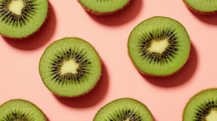 Fototapeta premium Fresh Sliced Kiwi Fruit on Soft Pink Background for Healthy Eating and Refreshing Snack Ideas