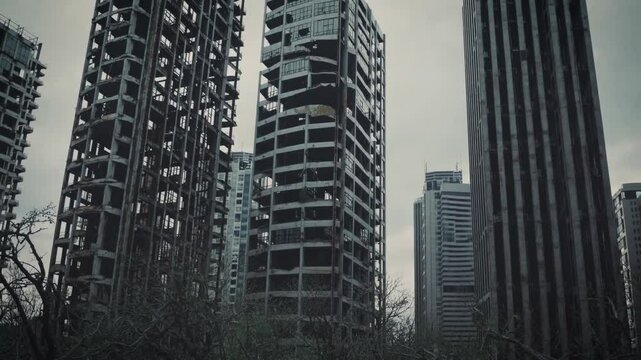 Crumbling skyscrapers stand abandoned as nature reclaims the city, with trees encroaching and buildings deteriorating under a grey, apocalyptic sky.