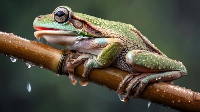 A green frog is sitting on a branch. The frog is wet and has a green and brown pattern