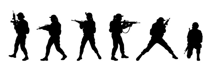 Set of vector military silhouettes of female soldiers walking, aiming, and standing in strategic battlefield positions with rifles. Global conflict, defense, and tactical readiness. Armored women