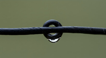 Water Droplet Suspended from Wire After Rainstorm in Serene Setting