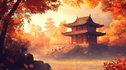 Obraz premium Traditional Japanese Temple Among Autumn Maple Tree