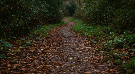 Autumnal Woodland Trail With Fallen Leaves And Dense Vegetation