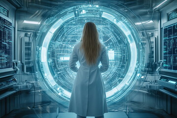 Futuristic Scientist Examining Advanced Holographic Technology in High-Tech Laboratory