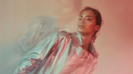 Female fashion model portrait with rainbow prism holographic light effects background creating motion blur and dreamy atmosphere