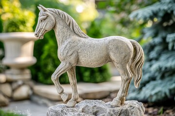 Elegant stone horse sculpture in garden setting.