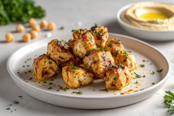 A plate of bite-sized grilled chicken pieces, golden and slightly charred, served with a small dish of creamy hummus. 