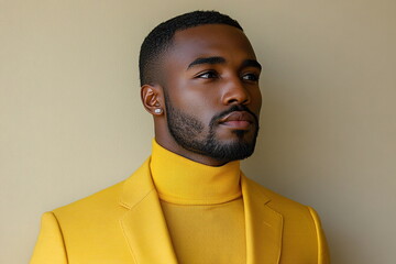 Obraz premium Stylish Young Man in Bright Yellow Suit and Turtleneck with Confident Expression