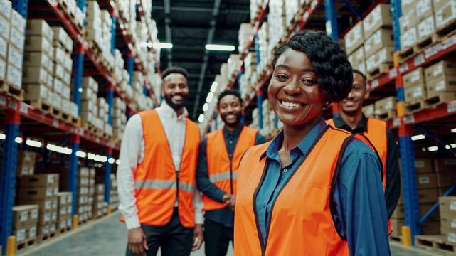 Diverse warehouse team smiling and collaborating in a busy industrial setting