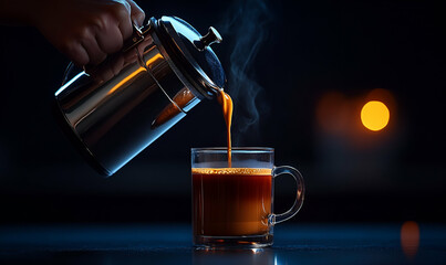 Pouring Hot Coffee into Glass Mug at Night