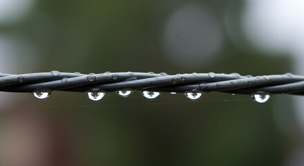 Water Droplets Clinging To Metal Wire Creating Reflective Bubbles On A Rainy Day