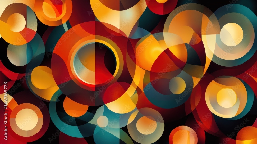 Poster abstract geometric pattern with overlapping circles in warm and cool tones.