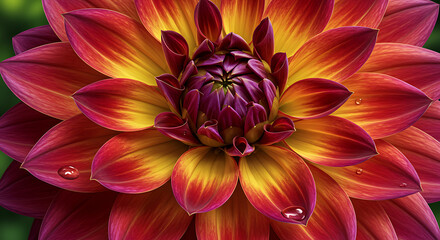 Obraz premium Vibrant dahlia flower with red, yellow and purple petals glistening with water droplets closeup