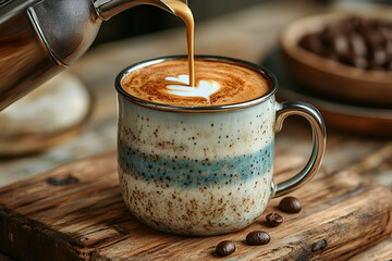 Pouring Latte Art into Speckled Blue Mug on Wooden Board