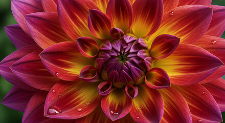 Obraz premium Close up of a vibrant dahlia flower with water droplets showcasing its intricate petal arrangement and colors