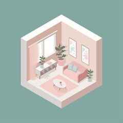 Isometric vector illustration of a cozy pastel living room with sofa, coffee table, houseplants, and wall decor. Modern and minimal design ideal for interior blogs, home apps, web design