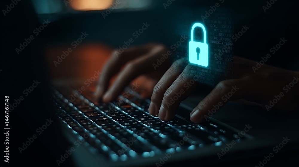 Aufkleber Secure internet connection advanced security encryption, data security and data access, typing a password on a laptop with a lock icon on the screen, cybersecurity