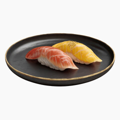 Two Pieces of Sushi on a Black Plate Tuna and Yellowtail
