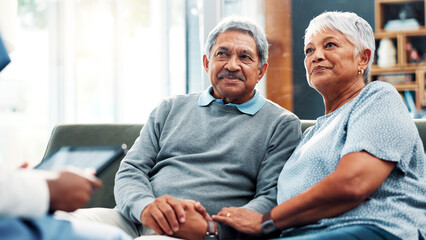 Nurse, tablet and healthcare with old couple, home and support with medical professional....