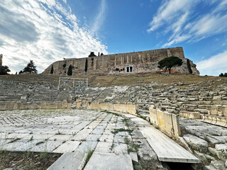 The area around the Acropolis of Athens with ruins and overturned columns