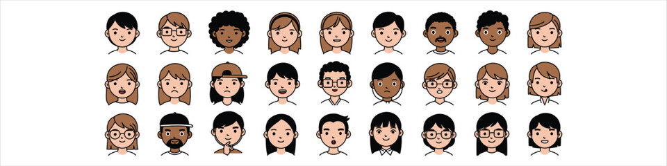 Cartoon avatar collection featuring expressive male and female faces. Colorful flat illustrations suitable for games, blogs, and creative projects.