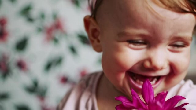 Baby joyfully interacting with pink flower: delightful expressions and innocent playfulness