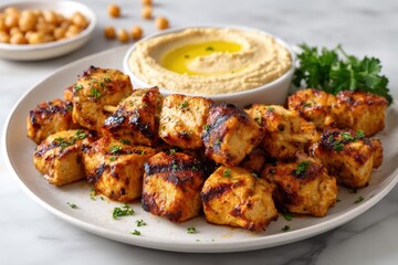 A plate of bite-sized grilled chicken pieces, golden and slightly charred, served with a small dish of creamy hummus. 