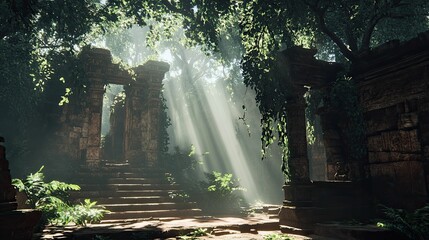 Sunlit stone ruins overgrown with lush jungle vegetation.