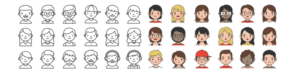 Cartoon avatar collection featuring expressive male and female faces. Colorful flat illustrations suitable for games, blogs, and creative projects.