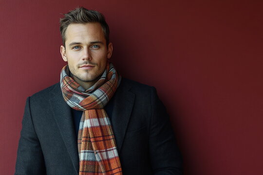Stylish Young Man in Black Coat with Plaid Scarf Against Red Background for Modern Lifestyle Themes - Powered by Adobe