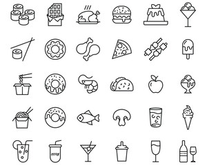 Fast food icon collection. Food thin line style of nutrition related vegetables, fruits, pizza, pasta, sushi,  desserts, meat, drinks and more. contains icon designs various food. Vector illustration.