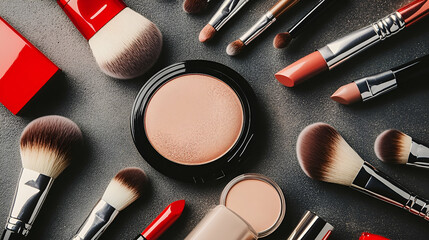 Red And Nude Makeup Products With Brushes On Dark Background