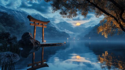 Torii Gate Reflecting in Mountain Lake at Dusk