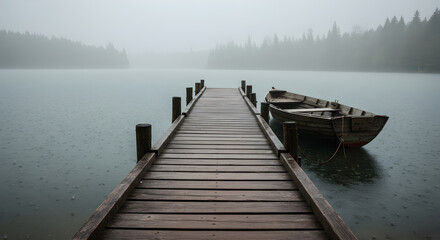 Fototapeta premium Solitary Boat Docked On A Wooden Pier During Overcast And Rainy Day