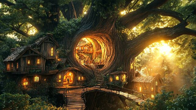 Enchanted treehouse village nestled in a giant tree, illuminated by warm sunset glow, surrounded by lush foliage