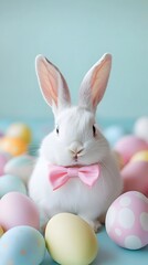 Adorable white bunny in pastel Easter eggs