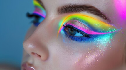 Vibrant creative neon rainbow eyeshadow makeup with glitter and black eyeliner on blue eye closeup of female model
