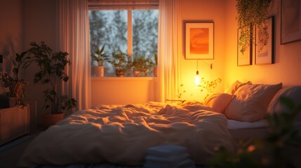 Cozy bedroom at night, warm lighting