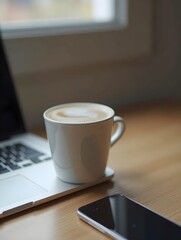 A laptop, coffee cup, and a phone are all connected to a laptop